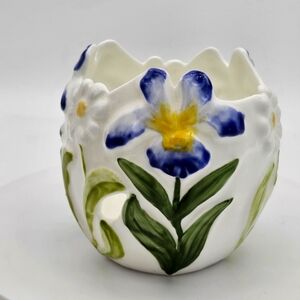PIA Philippines Bone China Candle Holder White Blue Green Floral 1986